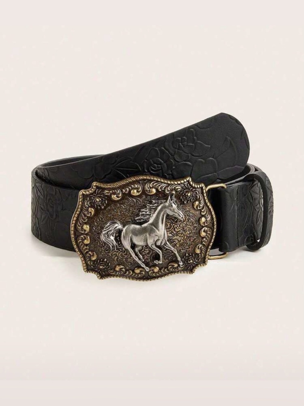 Western Belt Black Embossed PU Leather Belt with Horse Western Buckle